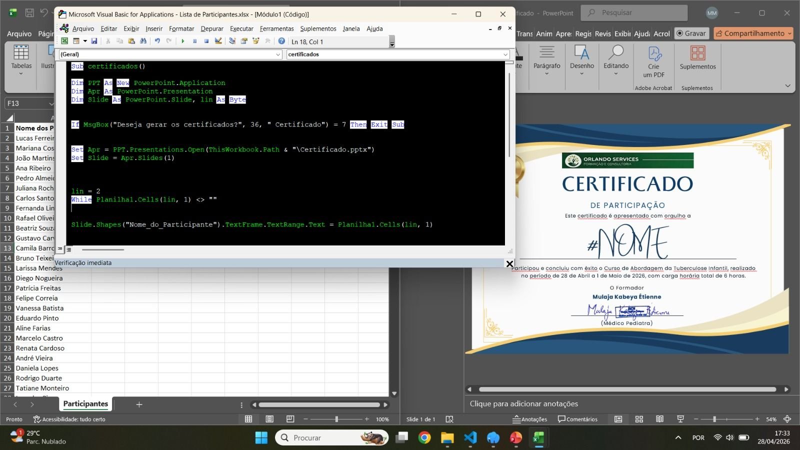 Automação com Integração entre Excel e PowerPoint, utilizando VBA.